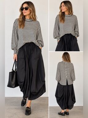 BURU Black Ivory Striped High-Low Button-Back Top XL
